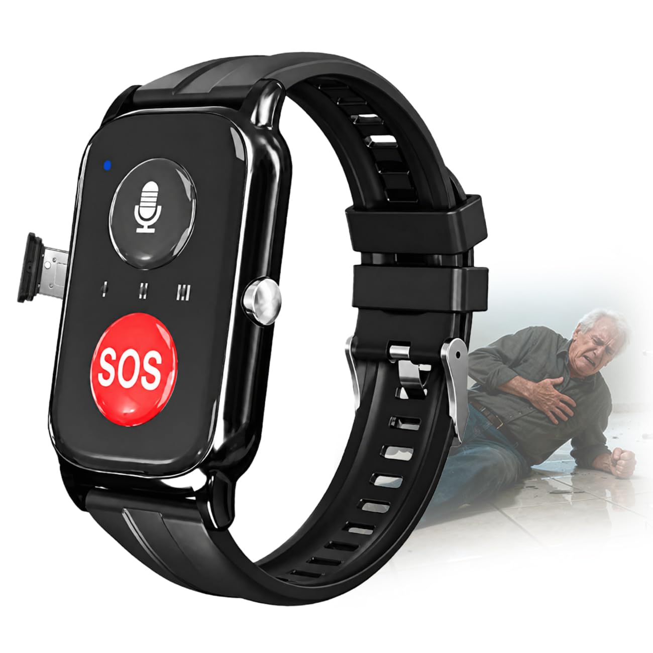 Montre Connectée Senior, Détection De Chute Bouton SOS Et GPS, Montre pour Personne Agée Bracelet De Sécurité pour Alzheimer Et Démence Black,4.9 * 3.3cm