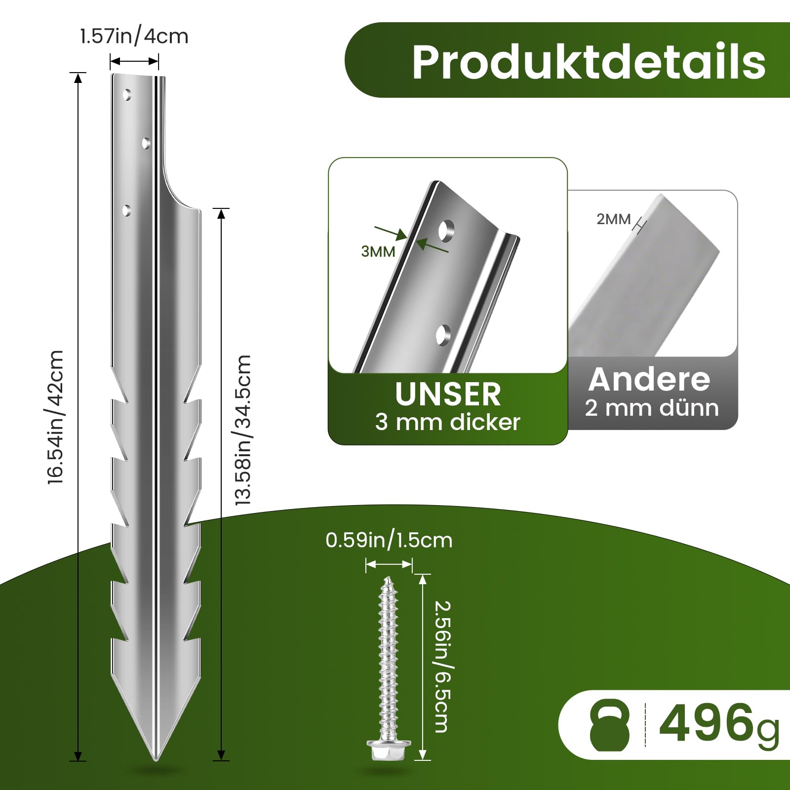 Ancrages au Sol pour Balançoire Piquet Cloture Ancrage, 4x42cm | Acier de 3 mm d'épaisseur, Galvanisé à chaud 60 µm, Bords Dentelés Améliorés, Résistance à la Traction 1,5 Fois Supérieure