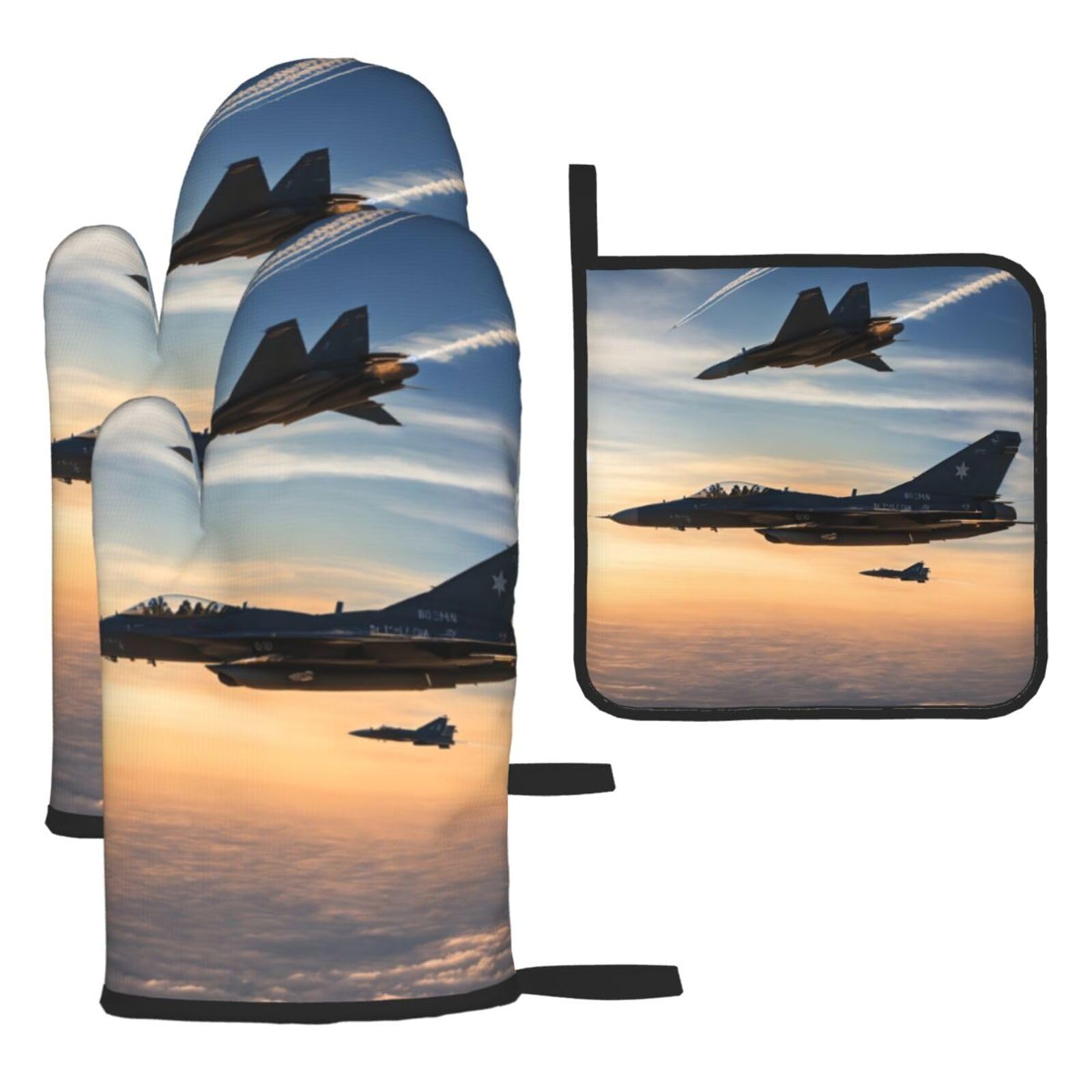 Aircraft Fighter Jets Print Oven Mitts Kitchen Gloves Set Everyday Baking Grilling Microwaving Cooking Gift