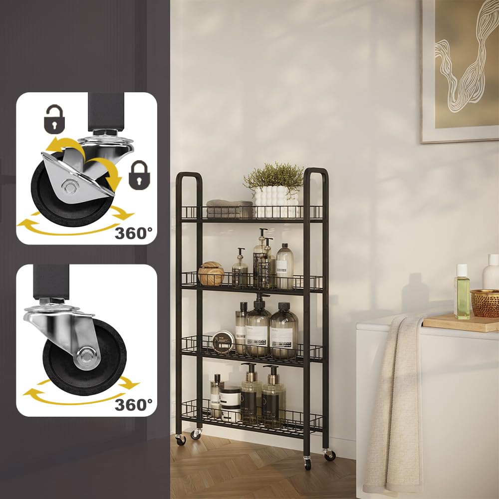 Vicco Rollregal Rolivo, Schwarz, 58 x 15 cm mit 4 Fächern, auf Rollen flexibel positionierbar für schmale Stellflächen