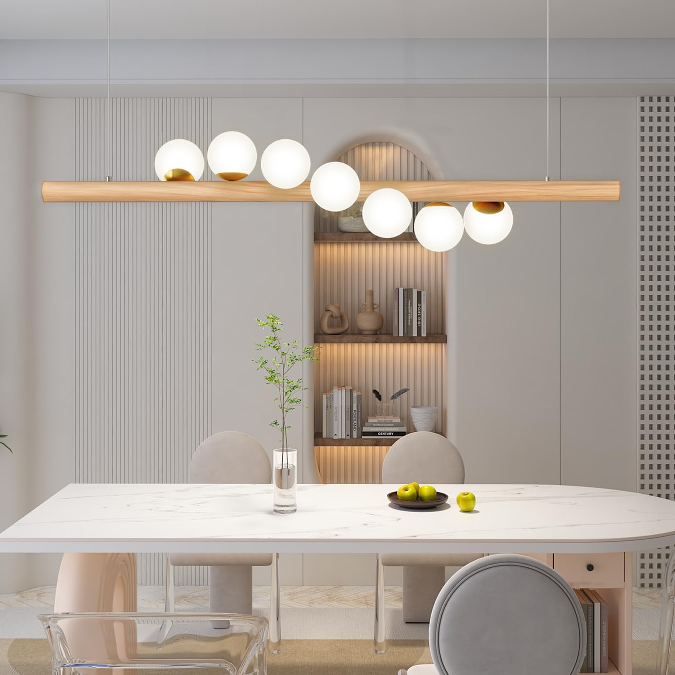 Lampada a sospensione Legno Lampada da tavolo da pranzo Vintage,La trave di legno è lunga 120 cm, con 7 sfere di vetro - regolabile in altezza,Lampadario per Della Bar Sala da Pranzo