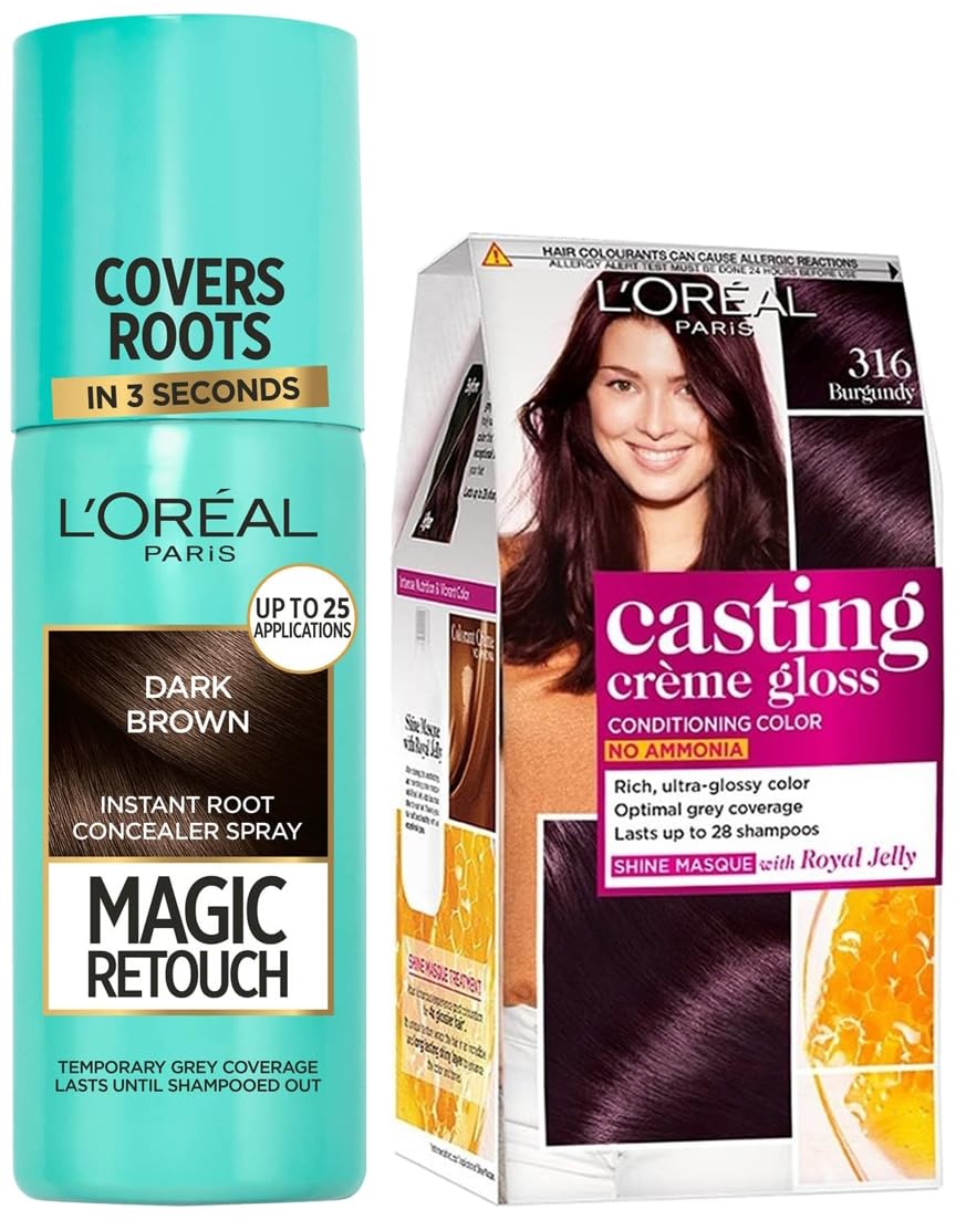 Semi-Permanent Hair Colour, Plum/Burgundy 316 & Instant Root Concealer Spray, Magic Retouch, Root Touch Up (Pack Of 1)- 2 Dark Brown