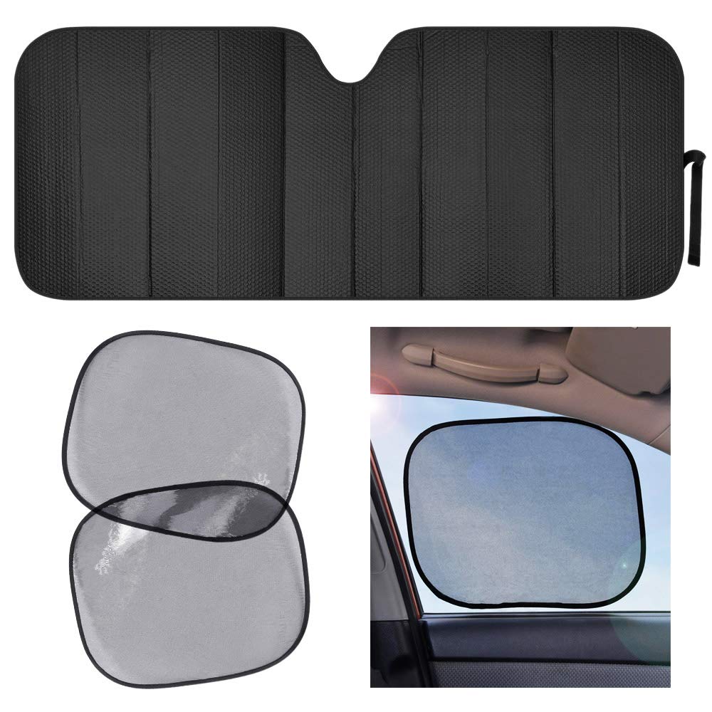 Photo 1 of Motor Trend AS-311+SS-002 Black Front Windshield Sun Static Cling Side Window Shade-Accordion Folding Auto Sunshade for Car Truck SUV 58 x 24 Inch
