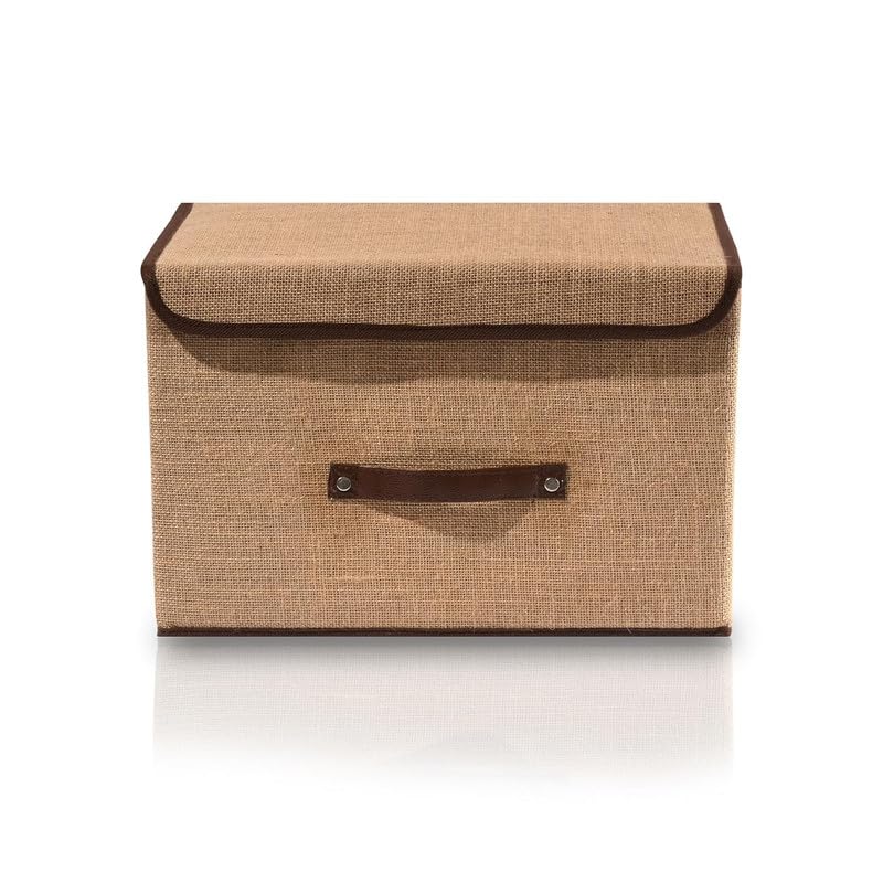 Image of Set of 1 Non Woven Foldable Space Saver Storage Box Wardrobe Closet Organizer Stackable Basket /Bins with Lid & Handle for Clothes, Toys, Books (Beige & Brown)