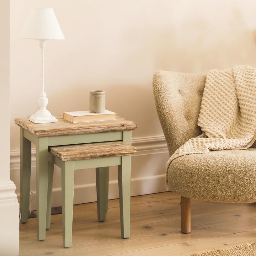 Florence Nesting Side Tables | Wooden Lamp Tables with Acacia Top | Living Room Nest of 2 Tables | Fully Assembled, Large: W50cm H50cm D35cm, Small: W36cm H41.5cm D35cm (sage green)