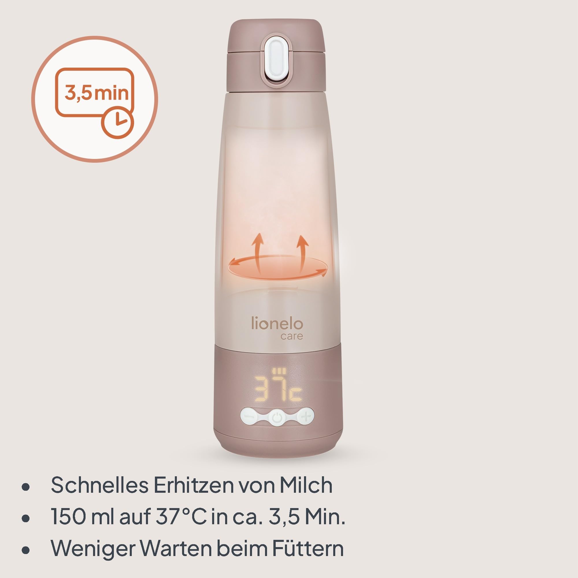 Lionelo Thermup Bottle tragbarer Babyflaschenwärmer für unterwegs, kabellos, Thermosflasche mit Heizfunktion, erwärmt Milch oder Wasser in 3,5 Min., 37–55 °C, Warmhalten bis 20 h, Edelstahl SUS316
