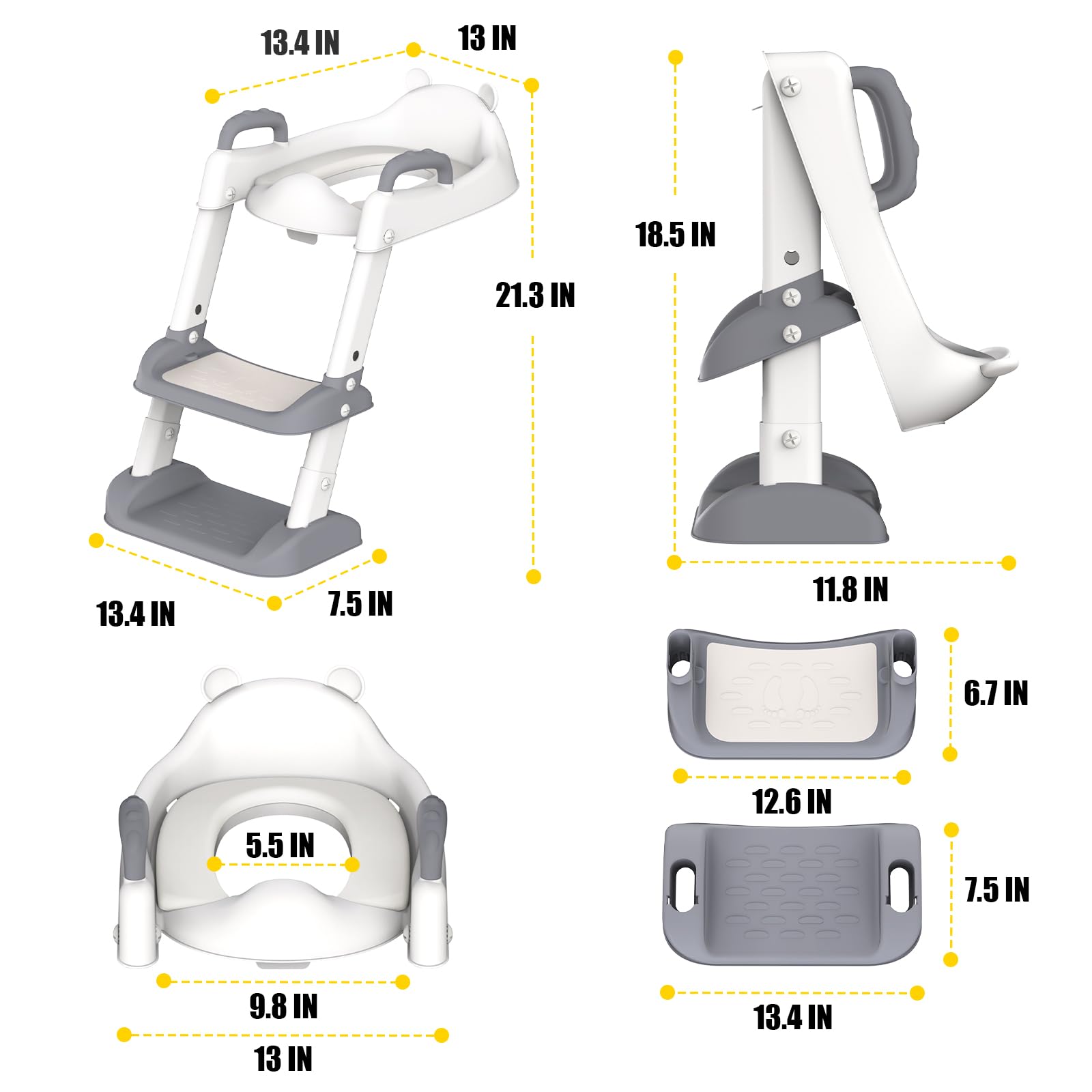HBTower Seggiolino per vasino con scaletta, scaletta e maniglie di sicurezza, grigio | Sedile WC pieghevole con paraspruzzi per bambini e bambine, comodo cuscino per vasino e cuscinetti antiscivolo