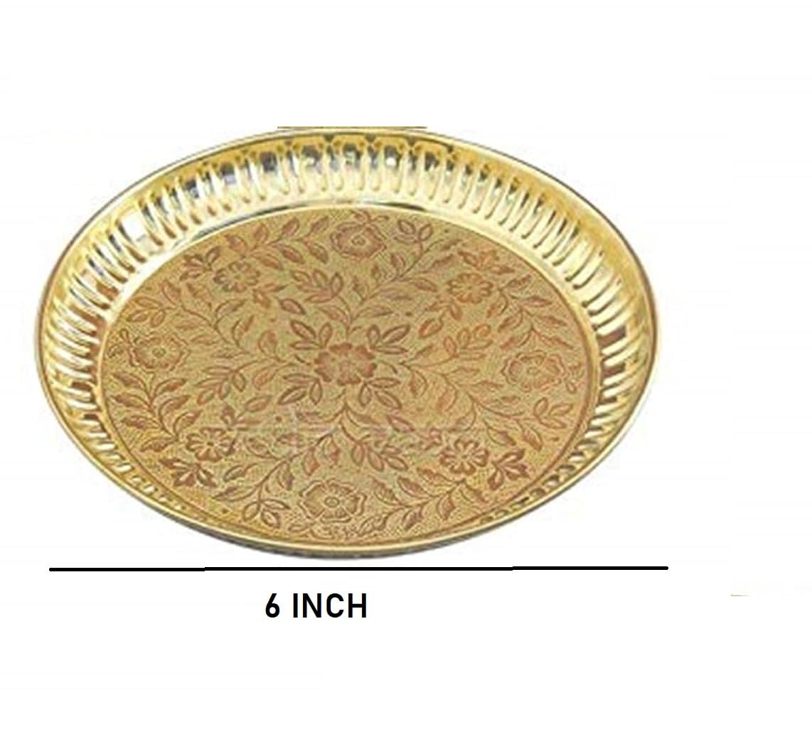 Skywalk Set of 2 Handmade Brass Puja Thali with Flower Emossed Design,Brass Pooja Plate for Home & Office Decoration & Gifting (Size-6 Inch) 3