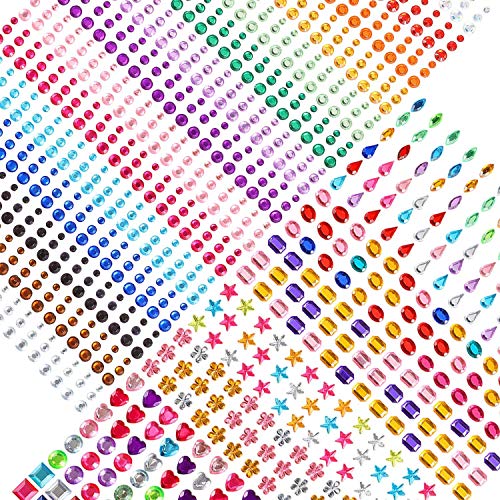 Self-Adhesive Rhinestone Stickers, UnityStar 1264 PCS Rhinestones for Crafts Nail Makeup Body, Face Jewels, Gem Stickers, 900 PCS (3, 4 or 5mm/15 Colors) and 364 PCS (9 Shapes in Various Colors)