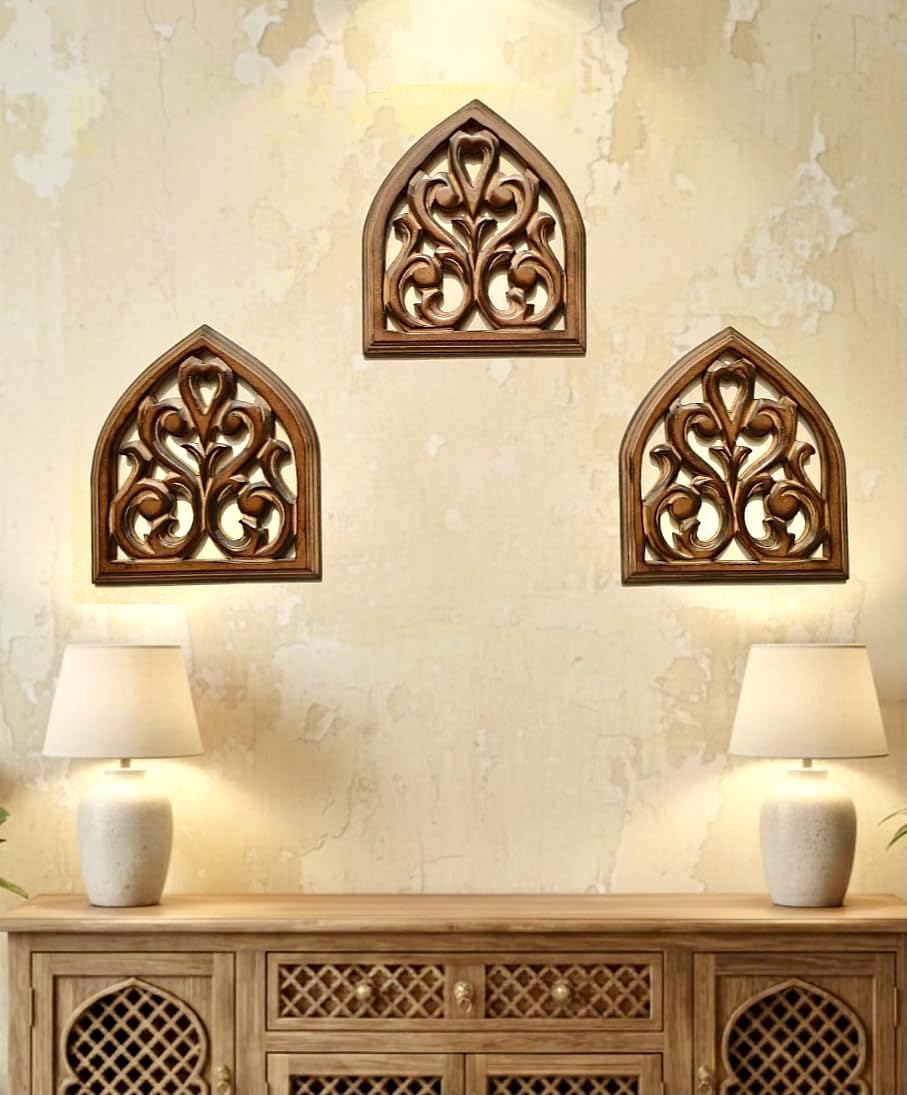 DE KRAFTSMAN wall panels for living room/set of 3 wall decor MEHRAAB palaces style window design handcarved antique wall panel decor small size (neo updated design)
