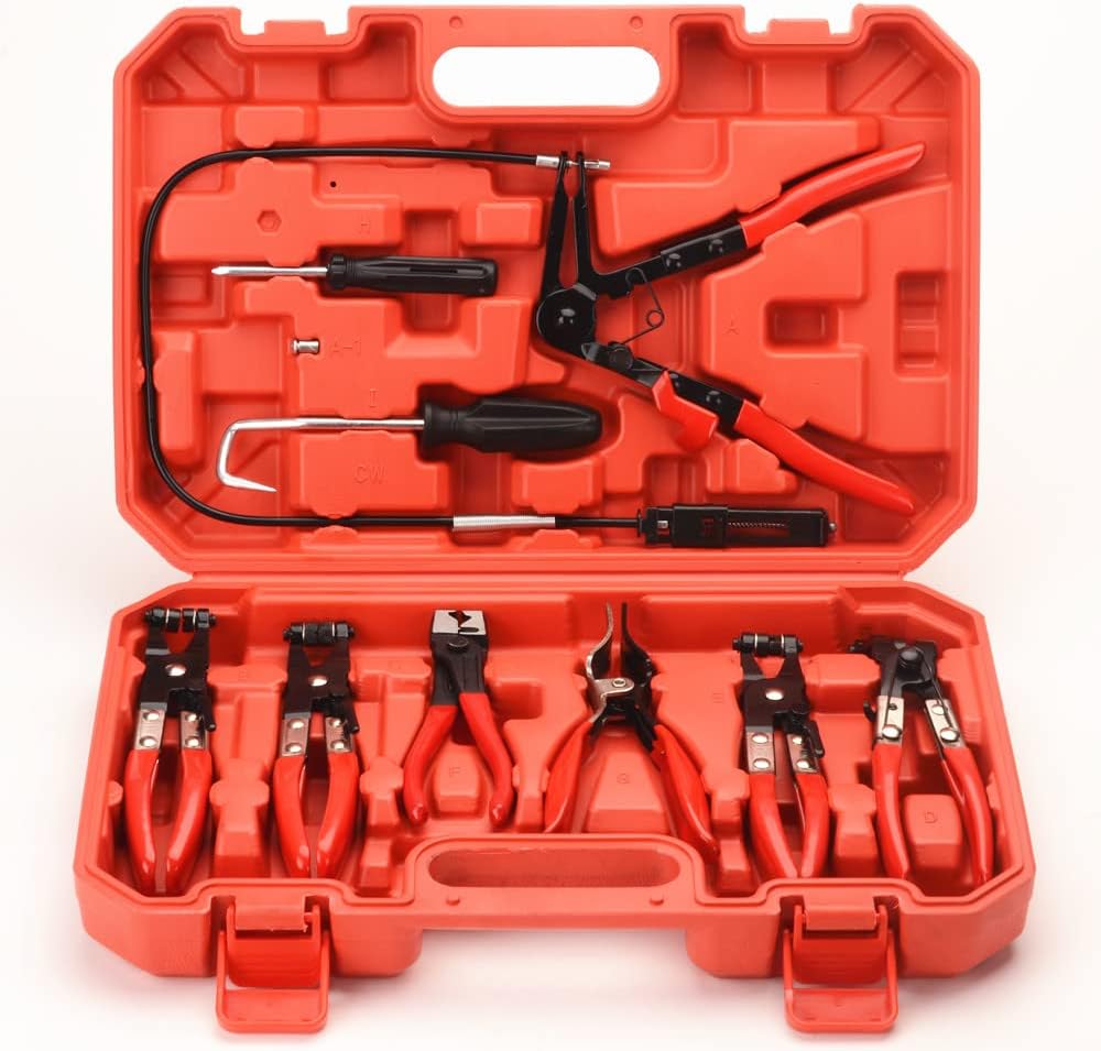 FLZOSPER 9pc Hose Clamp Pliers，Flexible Wire Long Reach Hose Clamp Clic R Type Swivel Jaw and Flat Band Pliers for Fuel Oil and Water Hose Work, Automotive Hose Repair Tools Kit