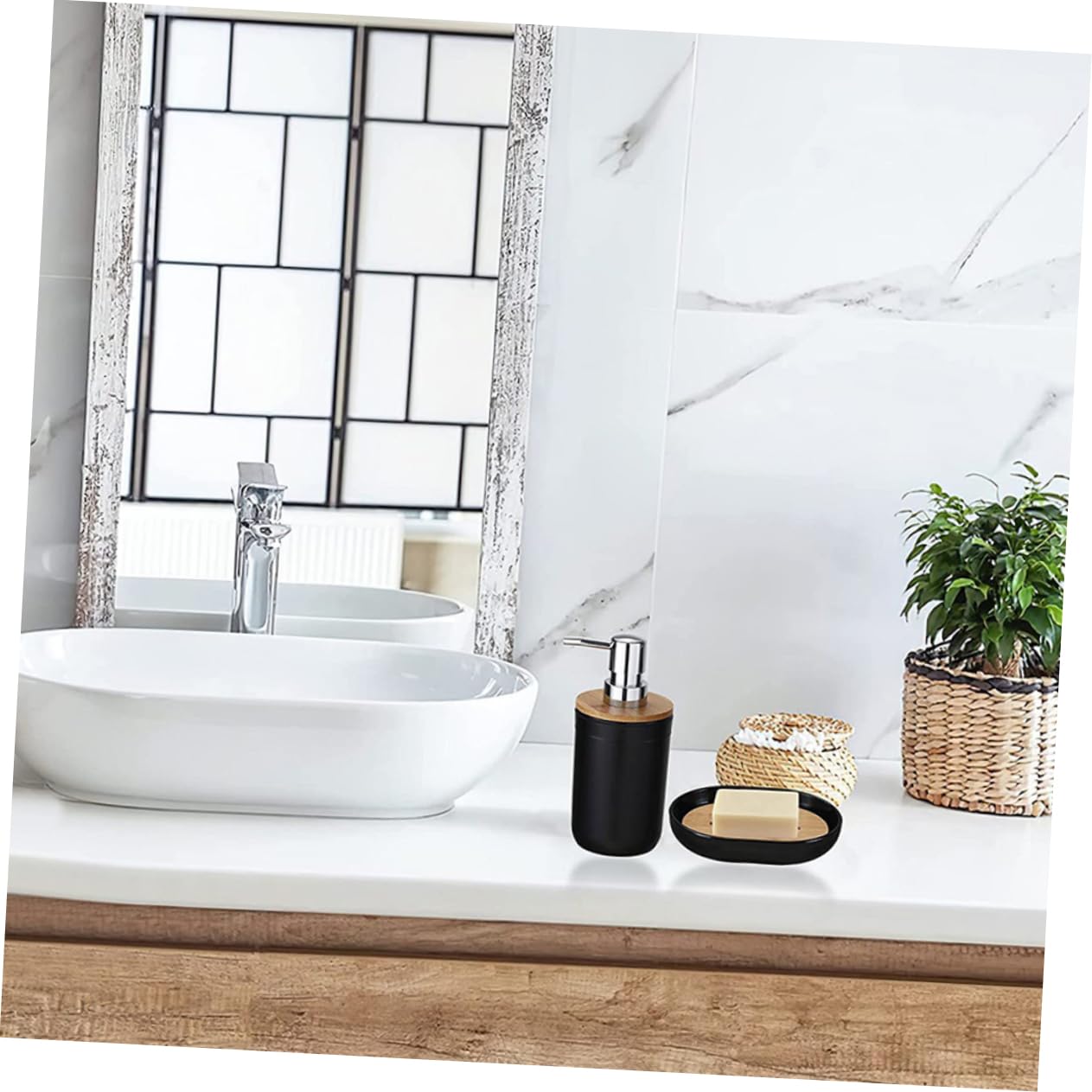 Cabilock Baño Completo Soporte Cepillo Dientes Vaso Enjuague Bucal Loción Jabonera Recipiente Basura Compacto y Útil