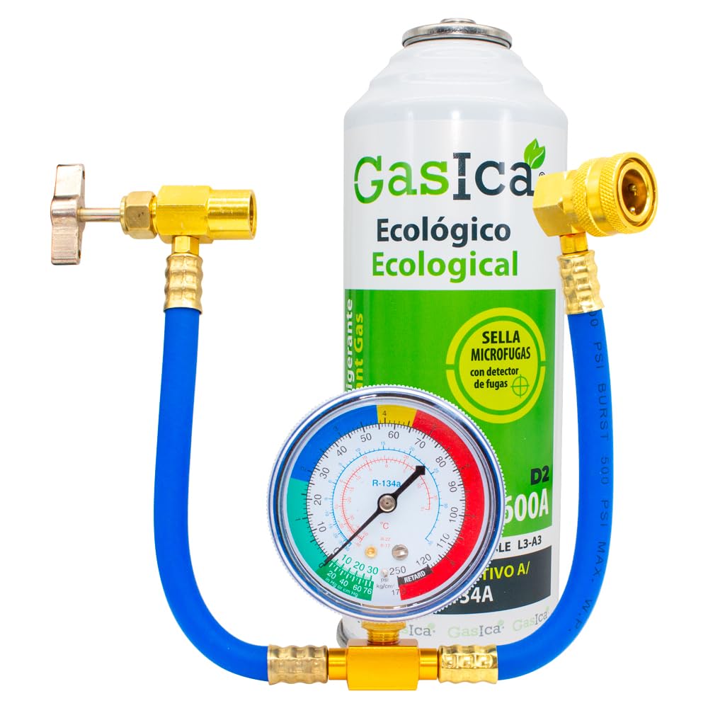 Pack GASICA D2 Sustituto de R12, R134A más manguera con manómetro con llave para reparación aire acondicionado de vehiculos