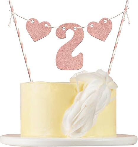 Decoración de pastel de 2 cumpleaños con purpurina de oro rosa dulce corazón de 2 años de edad, decoración de dulce bebé niña 2 cumpleaños,