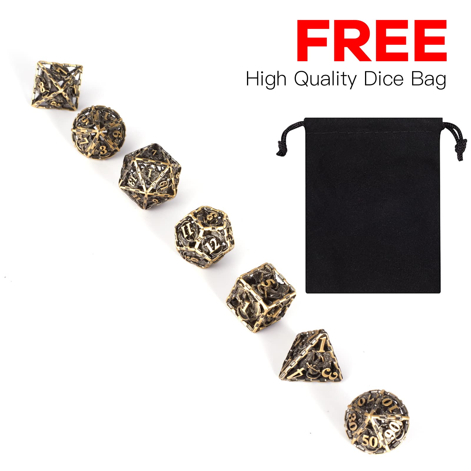 Jeu de dés DND polyédriques en métal avec sac, Donjons et Dragons - Accessoire de table - D20 - Série Dragon - Jaune