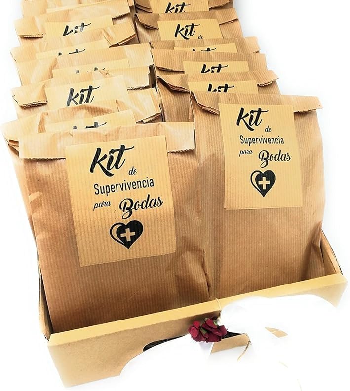 TODOKRAFT Kit de Supervivencia para Bodas, Bolsas Kraft, 40 Unidades, 20 x 12 x 4,5 cm, con Etiquetas