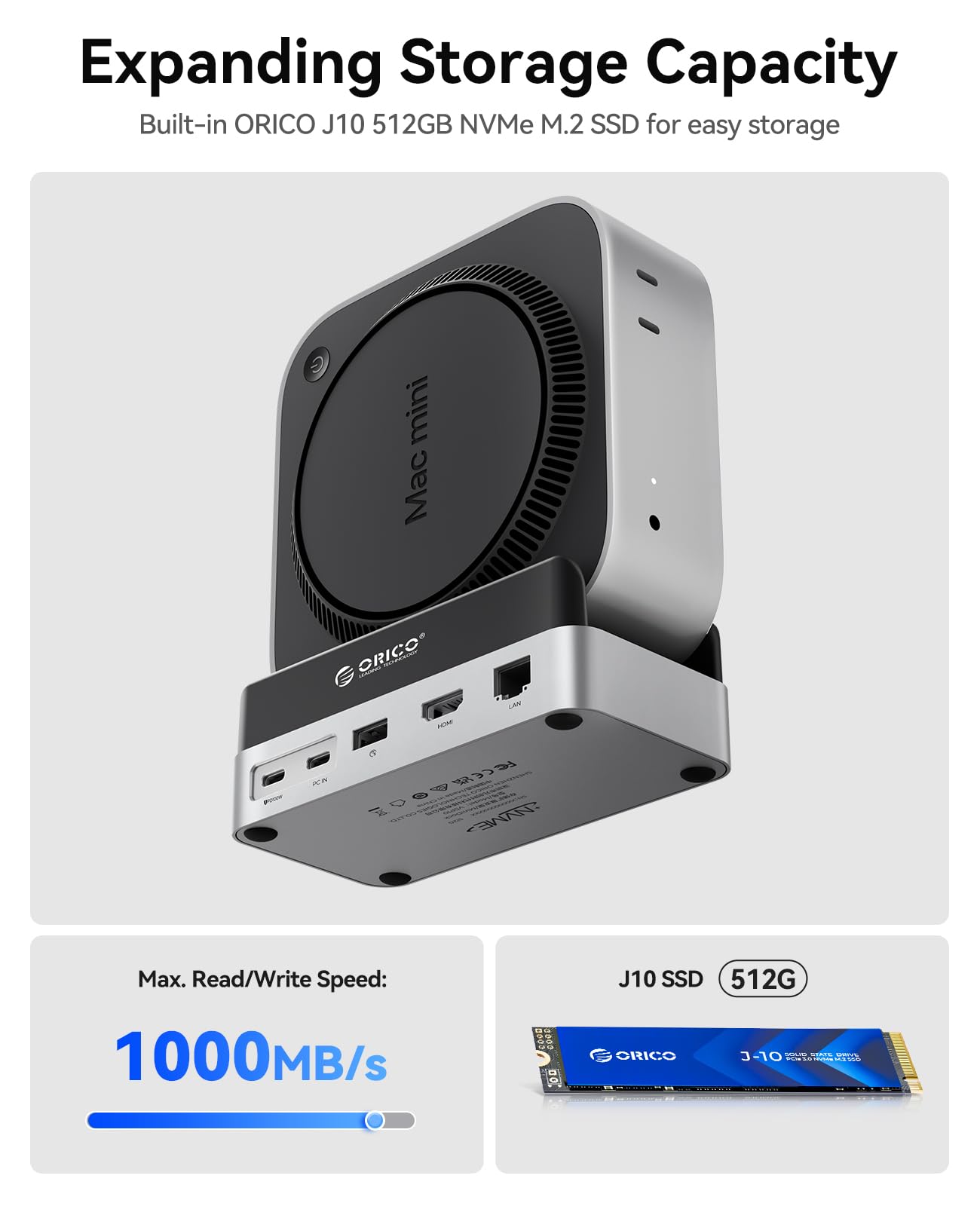 Docking Station ORICO MiniPro Per Mac Mini M4/M4 Pro – Supporto Verticale USB-C 10Gbps, In Alluminio, Per SSD Extreme