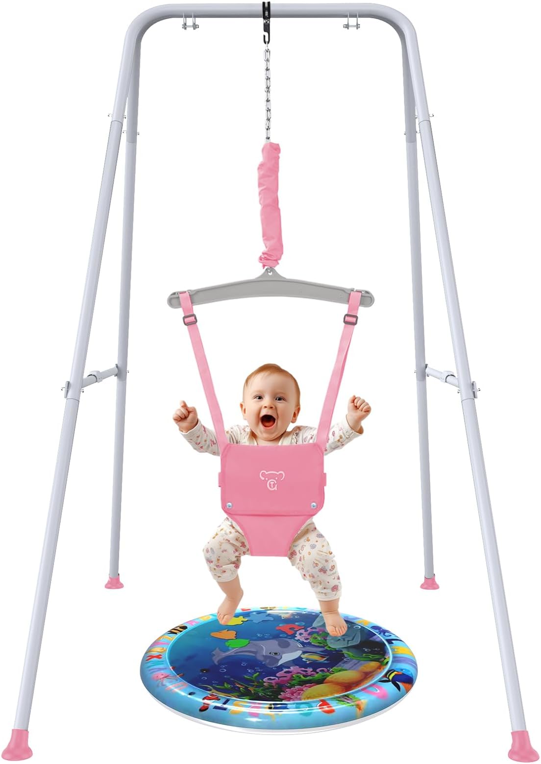 G TALECO Gear Baby Jumper with Stand,Baby Bouncer,Easy Set-Up,Baby Exerciser for Active Babies,Suitable for Indoor and Outdoor, Water Mat Include (Pink)