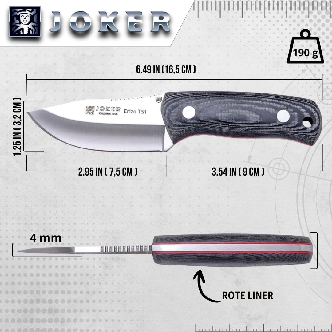 Joker "Erizo TS1 Sport-Überlebensmesser, 7,5-cm-Klinge, inklusive Kydex-Scheide, 550 Paracord, Werkzeug zum Angeln, Jagen, Campen und Wandern (SCHWARZ MICARTA, KYDEX-SCHEIDE + Feuerstarter)