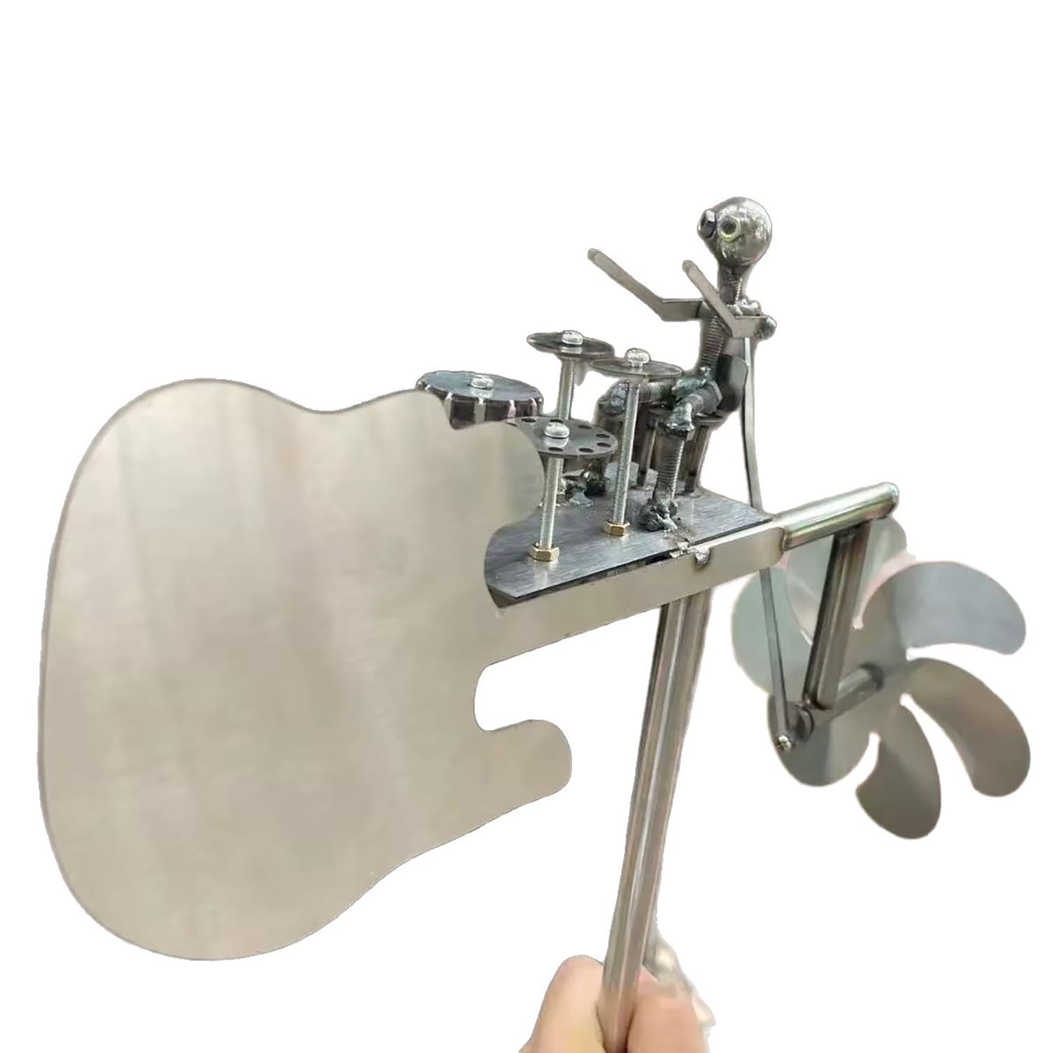 FkYstrix Handmade Metal Drummer Windmill Musician Figurine Weathervane Ornament Decor for Garden Yard Lawn Patio Farm, Silver