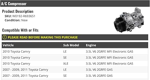 Compresor de A/C - Compatible con Toyota Camry 3.5L V6 2007-2011