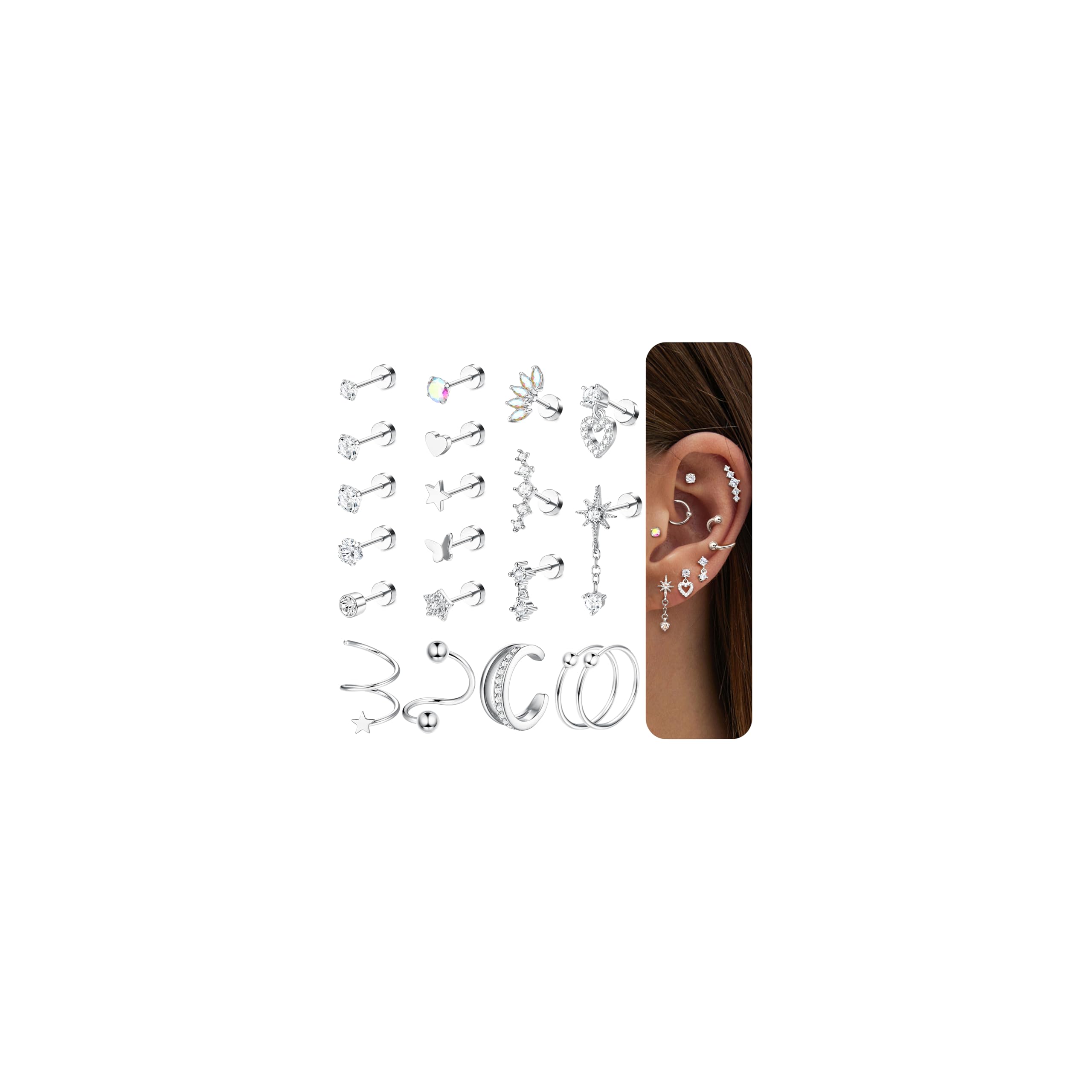 HMJGDHX 20 sztuk stal chirurgiczna Helix Piercing biżuteria hipoalergiczna śruba kolczyki z płaskim tyłem zestaw Tragus Hoop muszla Daith Piercing biżuteria klip srebrne złote kolczyki na chrząstkę