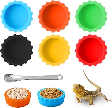 6 Pcs Crested Gecko Food and Water Bowl with 1 Spoon, Reptile Feeding Cups for Lizards, Isopods & Small Pets, Easy-Clean Silicone Set
