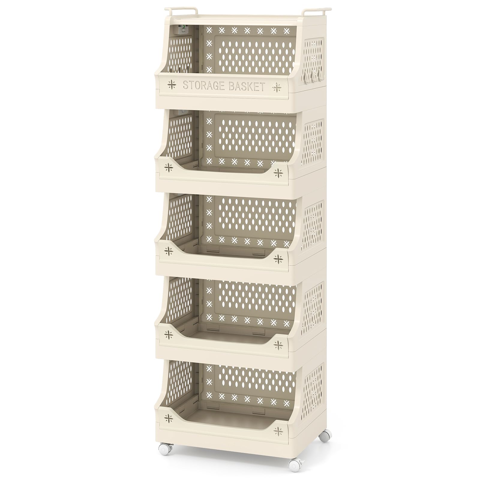RELAX4LIFE Carrello Portaoggetti a 3/4/5/6 Livelli, Portabiancheria Impilabile con Ruote, Maniglie e Ganci, Salvaspazio in Plastica per Lavanderia, Bagno e Soggiorno, Beige (5 RIPIANI)