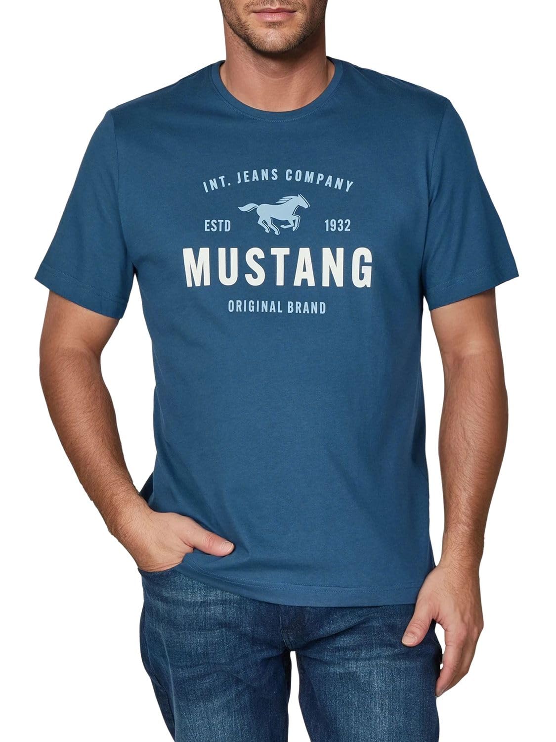 MUSTANG Tshirt Herren Baumwolle Regular Fit 4er Pack Set Rundhals Kurzarm Sommer Tee Shirt Logoprint Schwarz Weiß Grau Blau Grün S M L XL XXL 3XL 4XL 5XL 6XL