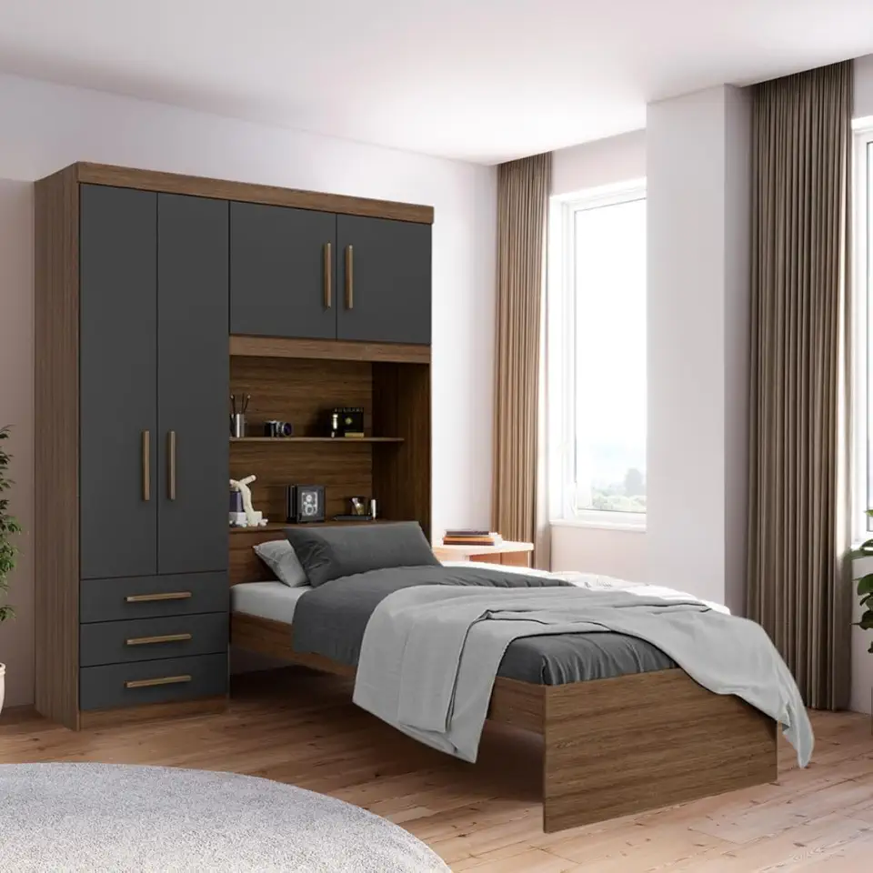 Guarda-roupa Solteiro com Cama Solteiro 4 Portas 3 Gavetas Advantage Ipê Wood/grafite