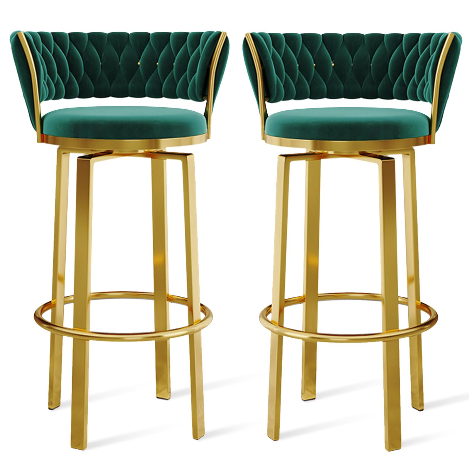 Set di sgabelli da bar moderni in velluto verde girevole, 1/2/3/4, sedie imbottite con schienale intrecciato e gambe a D, altezza 75 cm, per cucina, sala da pranzo e bar di casa
