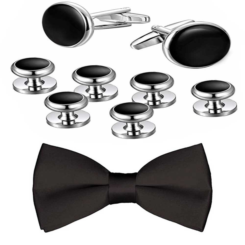 Mens Tuxedo Cufflinks And Tuxedo Shirt Studs Set Black Adjustable Bow Tie AZAR
