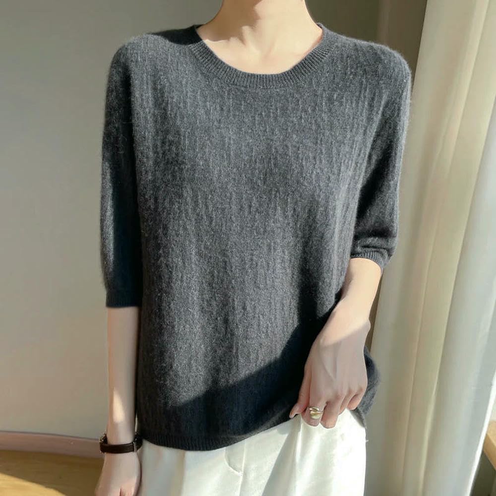 Magliette Primaverili da Donna, Maniche Corte lavorate a Maglia, Traforate, Top Estivi per Il Tempo Libero, Pullover con Scollo a V, Tinta Unita