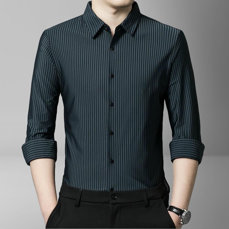 Camisa de algodón para hombre de vestir con rayas y corte ajustado 5