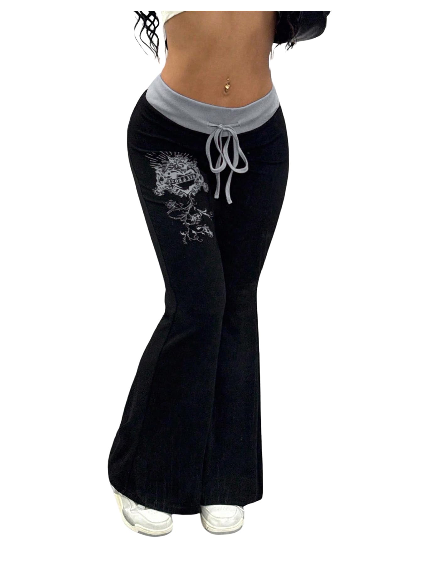 SOLY HUX Calça legging feminina Emo Goth Grunge com boca de sino - M - Estampa preta e cinza