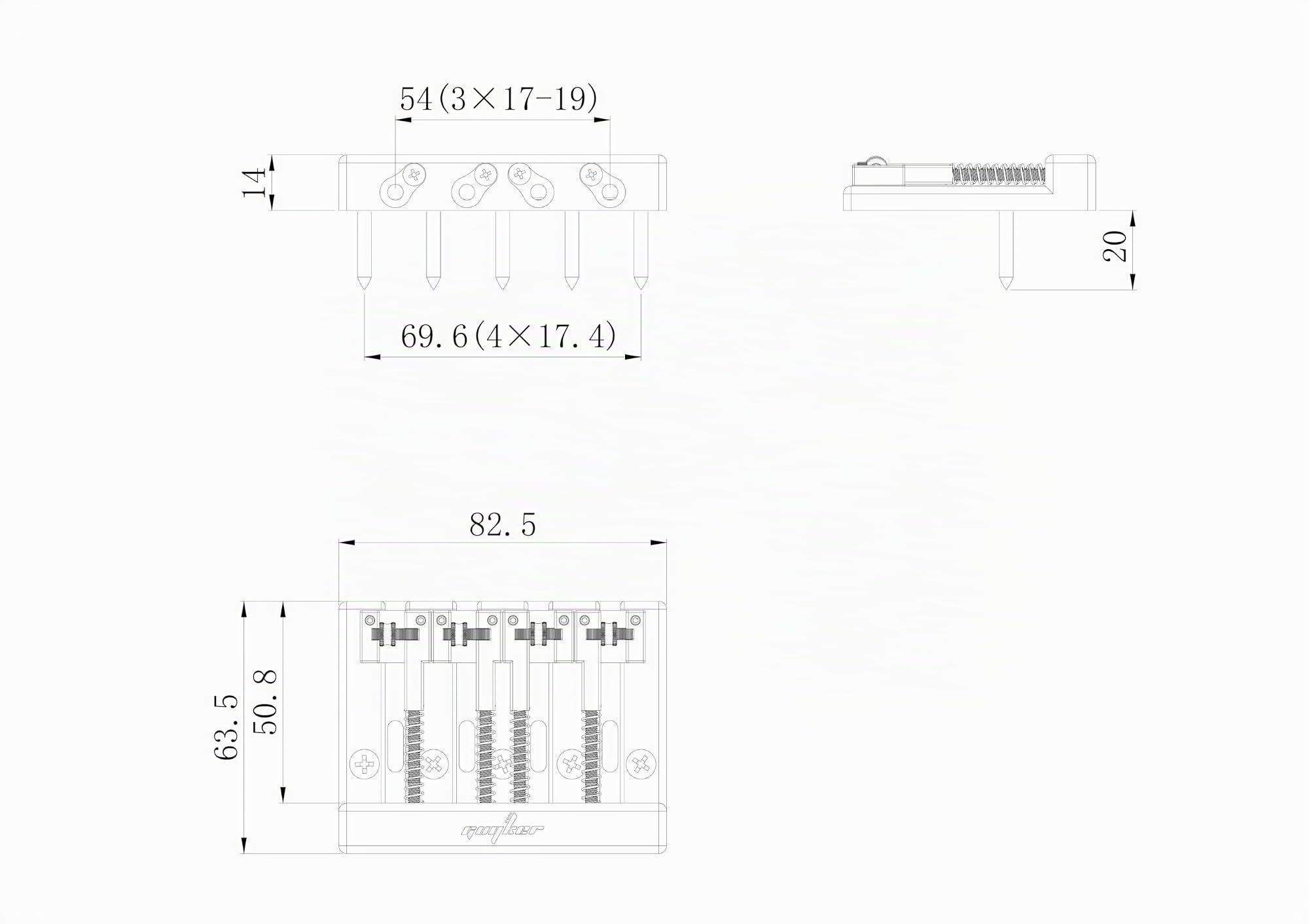 Guyker Bassbrücke, 4-saitige Bassbrücke mit solidem Rollsattel, verstellbares Ersatzteil (GB406, Schwarz)