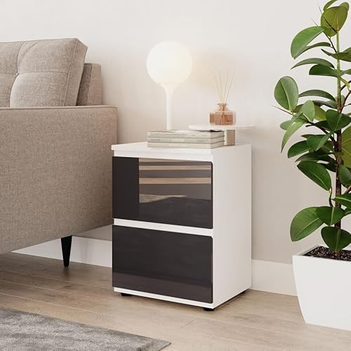URBNLIVING 49cm High Gloss Bedside Table - 2 Drawers Bedroom Storage Cabinet with Smooth Metal Runner - Modern Dresser Bedside Chest of Drawers for Bedroom Living Room Office Hallway