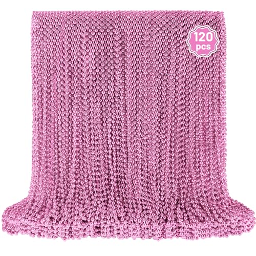 120 PCS Pink Bead Necklace Pink Mardi Gras Beads Cancer Awareness Beaded Necklaces Valentine Necklace 33 Inch Round Party Beads for Mardi Gras Christmas Cancer Awareness Month Events Mothers Day Decor