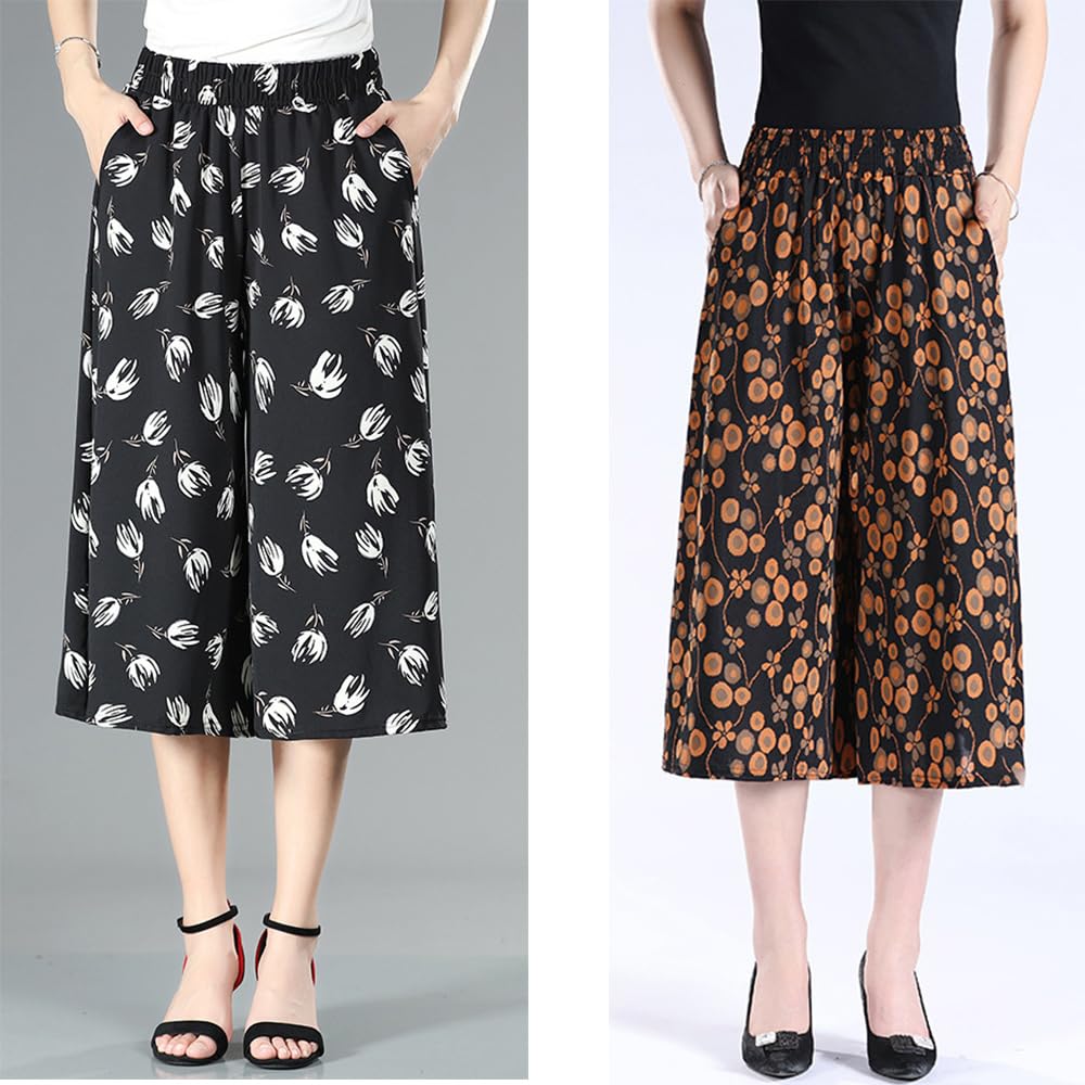 VNDUIFH Rsvelte Pantaloni Gonna,Culotte a Gamba Larga in Chiffon Pieghettato in Vita Alta Elastica da Donna,Culotte a Vita Alta al Ginocchio