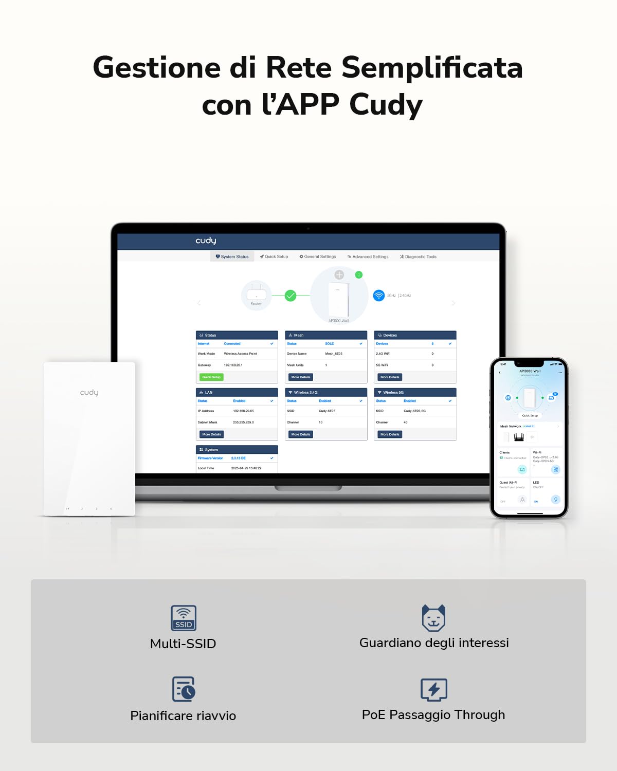 Cudy AP1300 Wall WiFi 5 AC1200 Punto Accesso Wireless In-Wall Gigabit, Supporto AC Controller, MU-MIMO, Alimentazione PoE, Controllo tramite App Cudy o Configurazione Web