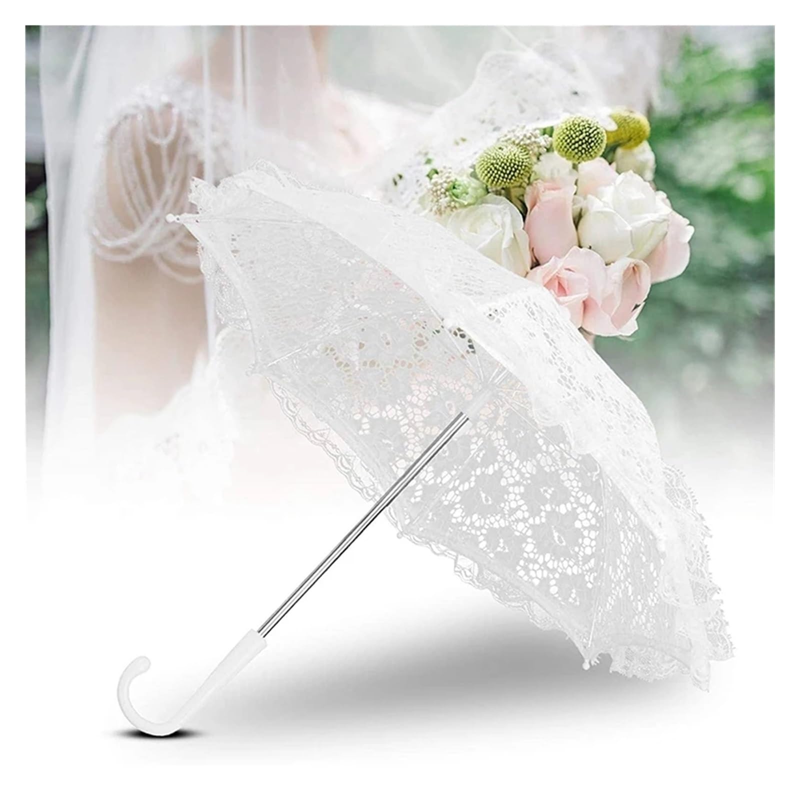 Koronkowa parasolka, Koronkowy Parasol do Fotografii Ślubnej Dekoracja Imprezy Ręcznie Robiony Biały 42x50cm