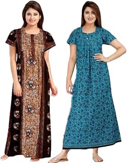 YUKATA Cotton Printed Maxi Nighty for Women - Ankle Length, Free Size, Comfortable Night Dress Gown (Pack of 2) Price In India