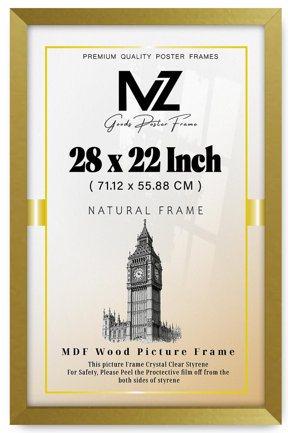 MZ GOODS | MDF Wood Poster Frame (71.12 x 55.88 CM) 2' 4" x 1' 10" Ideal for Home & Office Décor, Perfect for Wall Gallery & Gift, Sturdy MDF Build with Hanging Hooks [ Gold ]