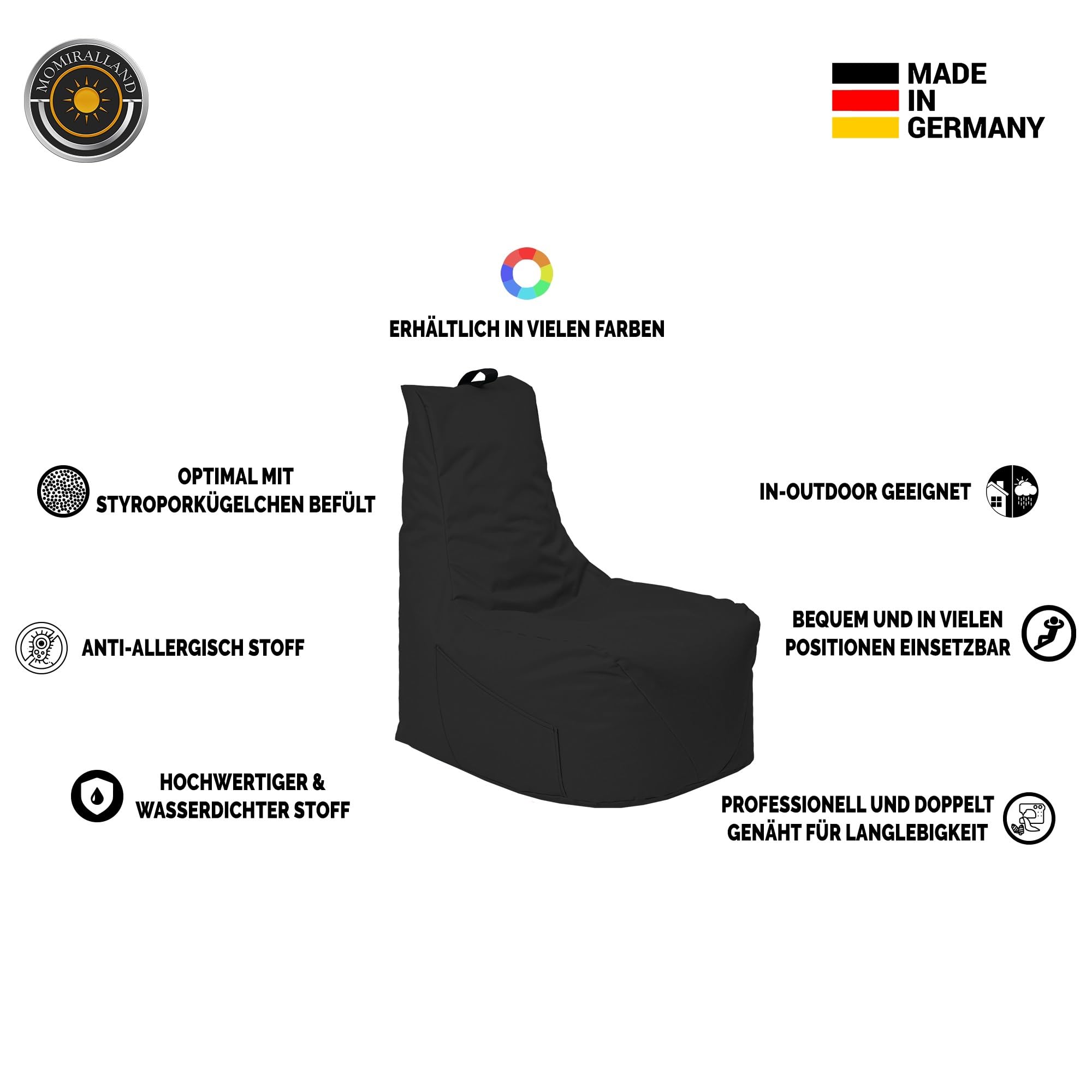 Gaming Sitzsack - mit Lehne Sitzkissen - Beanbag - mit Reißverschluss - BodenKissen Sessel In- & Outdoor geeignet - Gaming mit PC Xbox & PlayStation (Schwarz - Grün, Sitzsack + Hocker)