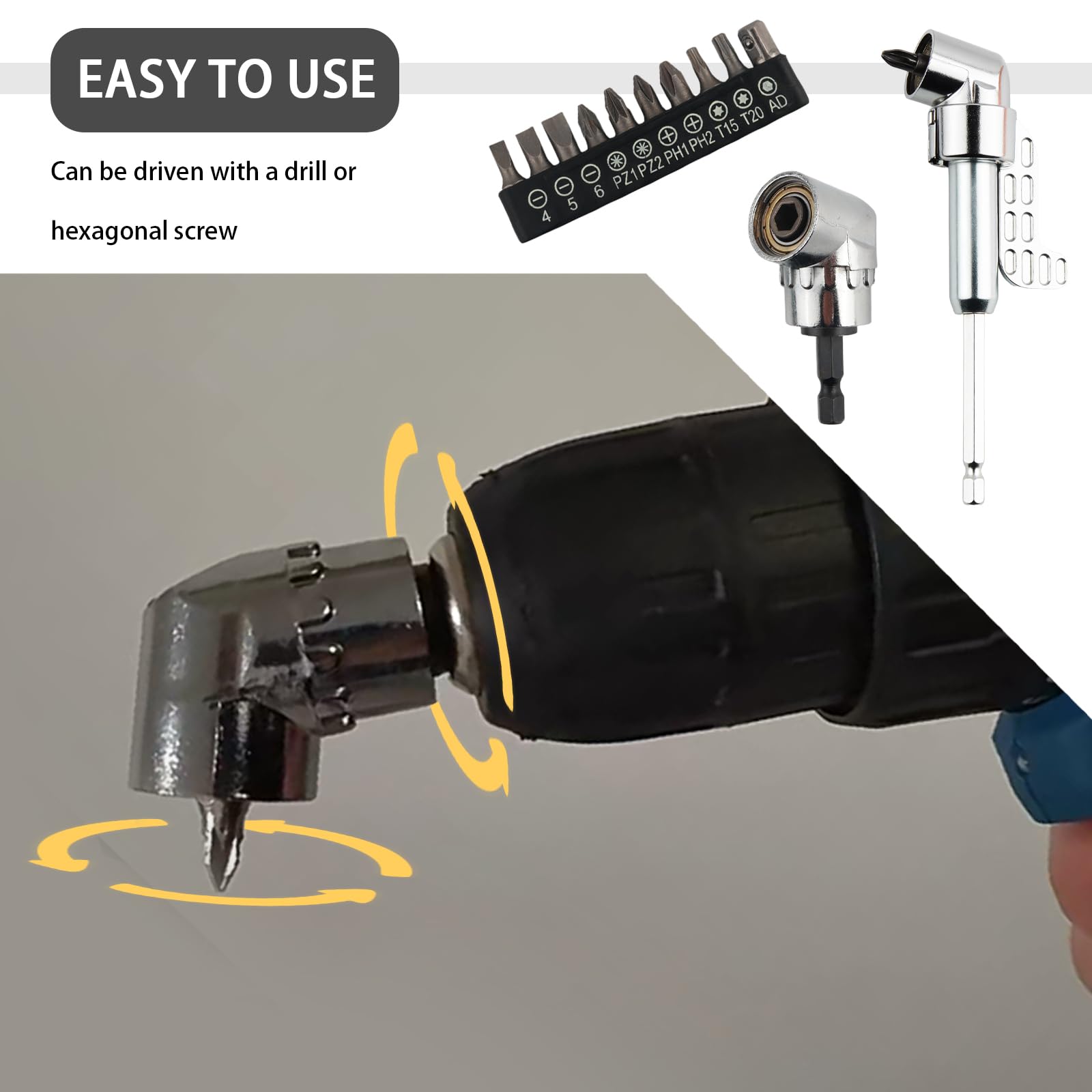 2PCS 105° Right Angle Drill Attachment with 10PCS 25mm Screwdriver Bit,Hex Magnetic 90 Degree Drill Attachment for Tight Spaces Repairs,Universal Right Angle Drills Adapter — Amazon image 5