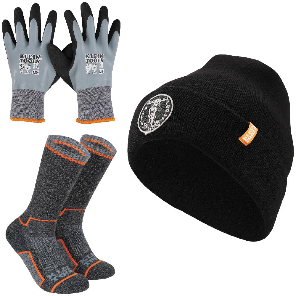 Klein Tools 80111 Winter Knit Hat Kit Features Knit Beanie, Thermal Dipped Winter Gloves and Performance Thermal Socks, Large, 3-Piece