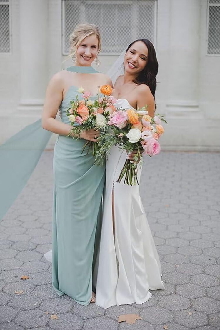 Strapless Bridesmaid Dresses for Wedding Pleats Chiffon Formal Evening Gown with Scarf for Women