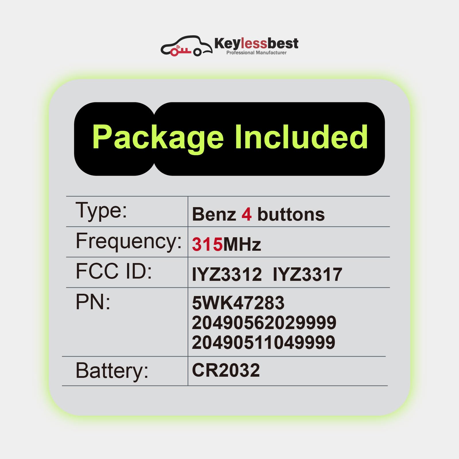 Telecomando di ricambio a 4 pulsanti, 315 MHz, per Mercedes Benz 1997 – 2016, senza chiave, per tutti i modelli C CL E G GL ML R S Class IYZ3312 IYZ3317, nero
