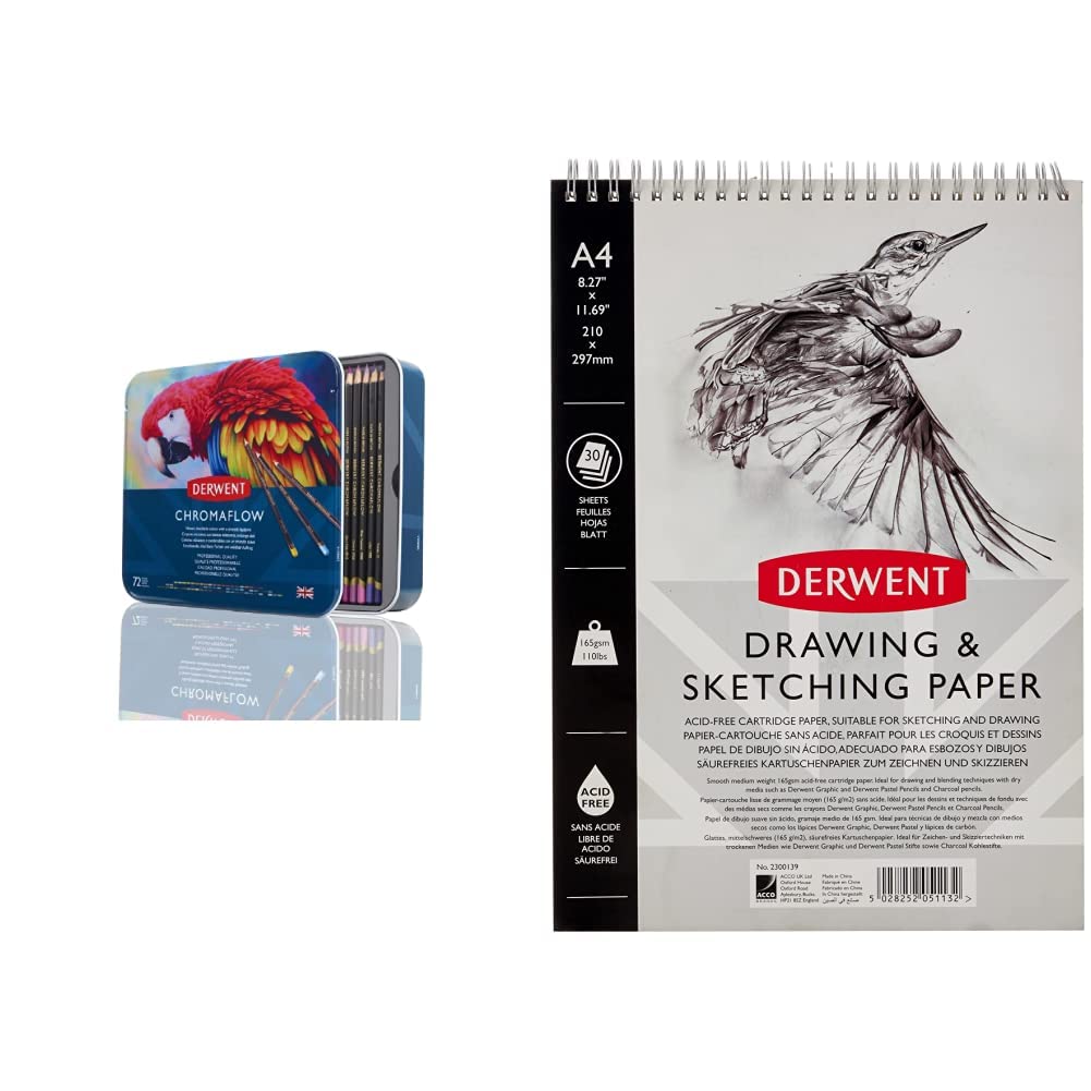 Derwent Chromaflow Set di 72 Matite con Corpo Rotondo da 3,5 mm, Nucleo Cremoso e Sfumabile & Album da Disegno con Copertina Rigida in Formato A4 da 30 Fogli di Carta