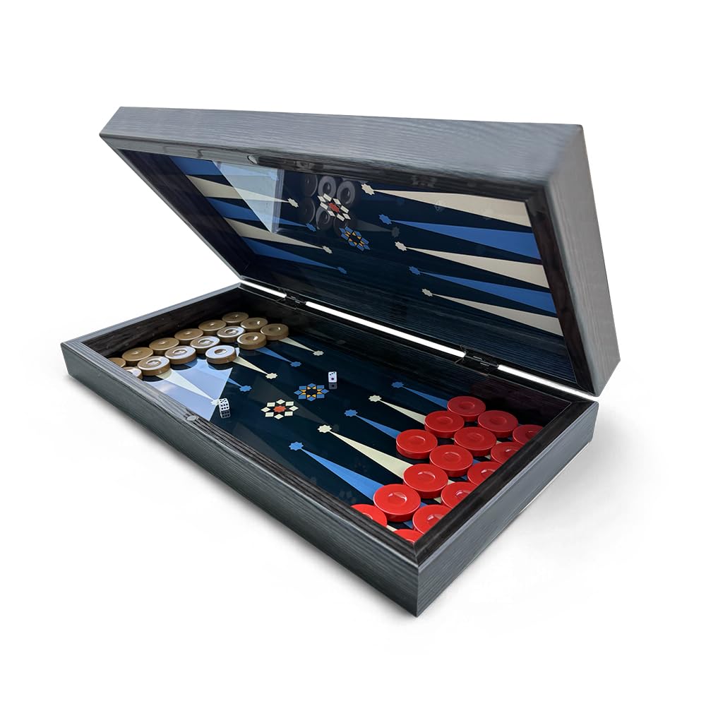 Biggdesign Star Backgammon Set aus MDF, mit Magnetverschluss & Spielsteinen | 16 mm MDF-Korpus, Magnetverschluss, doppellagiger Klarlack, Coex-Cellophan-Spielfläche, Würfel & Spielsteine, Made in Türkiye